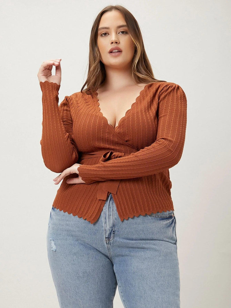 Cardigan Com Cinto Scallop Plus Size - tassinitassinitassiniGCardigan Com Cinto Scallop Plus Size