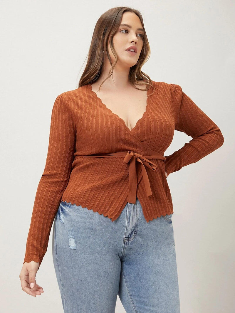 Cardigan Com Cinto Scallop Plus Size - tassinitassinitassiniGCardigan Com Cinto Scallop Plus Size