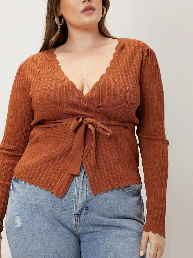 Cardigan Com Cinto Scallop Plus Size - tassinitassinitassiniGCardigan Com Cinto Scallop Plus Size