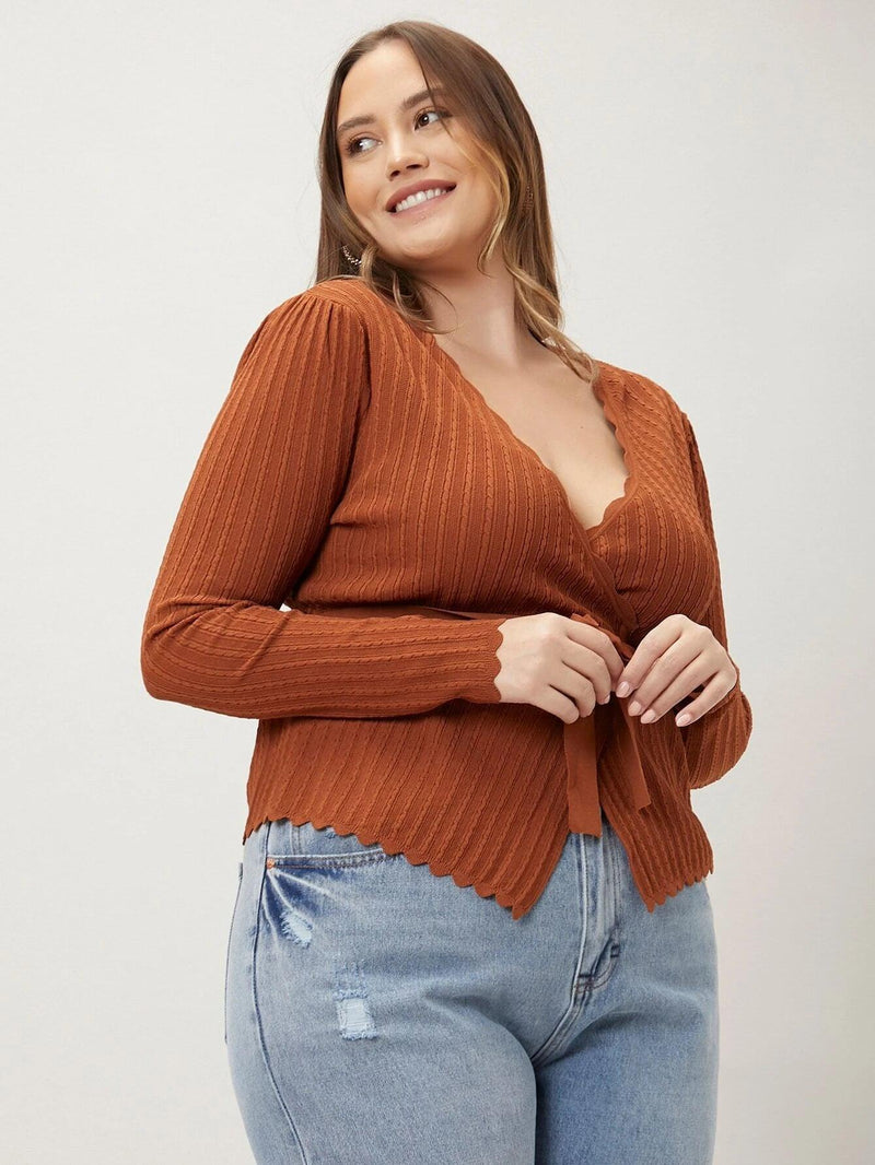 Cardigan Com Cinto Scallop Plus Size - tassinitassinitassiniGCardigan Com Cinto Scallop Plus Size