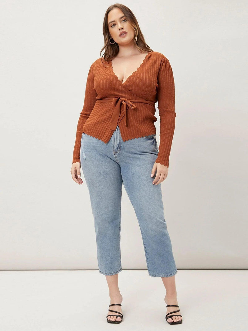 Cardigan Com Cinto Scallop Plus Size - tassinitassinitassiniGCardigan Com Cinto Scallop Plus Size