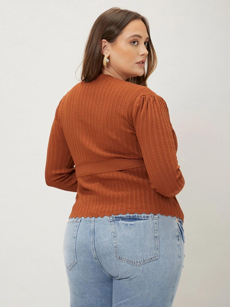 Cardigan Com Cinto Scallop Plus Size - tassinitassinitassiniGCardigan Com Cinto Scallop Plus Size