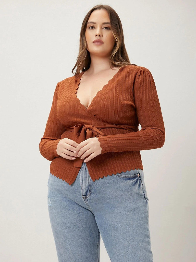 Cardigan Com Cinto Scallop Plus Size - tassinitassinitassiniGCardigan Com Cinto Scallop Plus Size